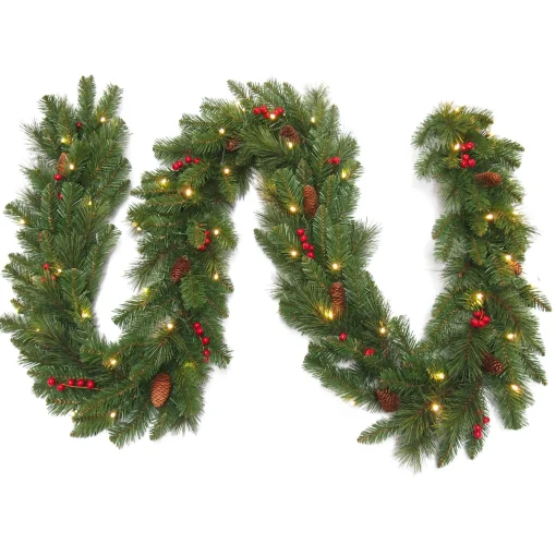 9Ft Everyday Collection Pre-Lit Christmas Garland With Pine Cones & Red Berries